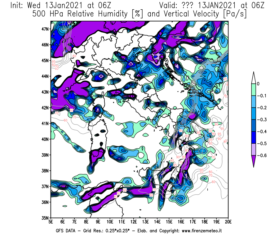 Mappa di analisi GFS - Umidità relativa [%] e Omega [Pa/s] a 500 hPa in Italia
							del 13/01/2021 06 <!--googleoff: index-->UTC<!--googleon: index-->