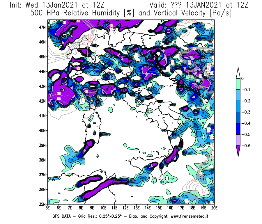Mappa di analisi GFS - Umidità relativa [%] e Omega [Pa/s] a 500 hPa in Italia
							del 13/01/2021 12 <!--googleoff: index-->UTC<!--googleon: index-->