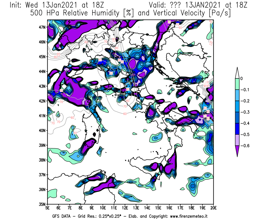 Mappa di analisi GFS - Umidità relativa [%] e Omega [Pa/s] a 500 hPa in Italia
							del 13/01/2021 18 <!--googleoff: index-->UTC<!--googleon: index-->