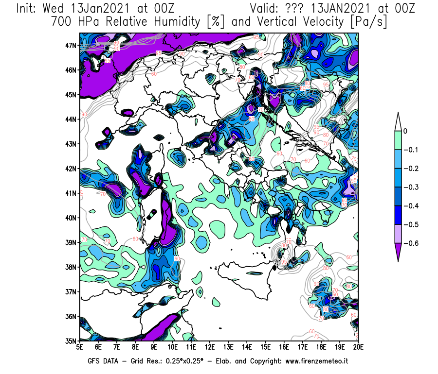 Mappa di analisi GFS - Umidità relativa [%] e Omega [Pa/s] a 700 hPa in Italia
							del 13/01/2021 00 <!--googleoff: index-->UTC<!--googleon: index-->