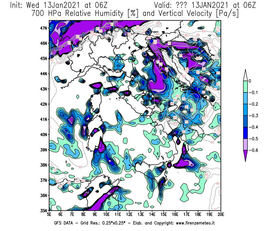 Mappa di analisi GFS - Umidità relativa [%] e Omega [Pa/s] a 700 hPa in Italia
							del 13/01/2021 06 <!--googleoff: index-->UTC<!--googleon: index-->