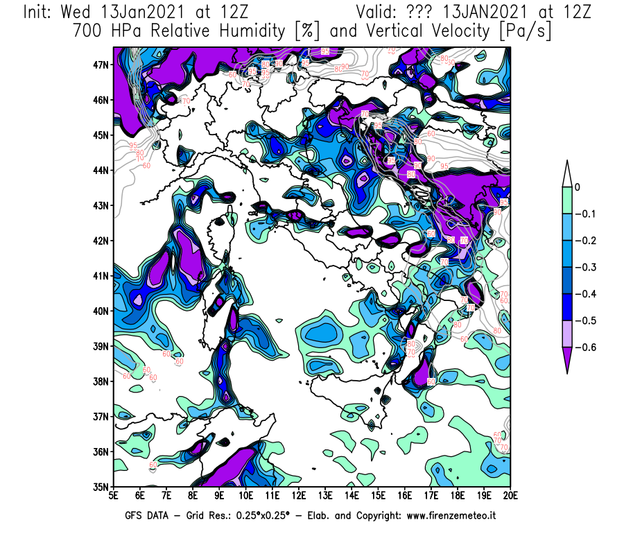 Mappa di analisi GFS - Umidità relativa [%] e Omega [Pa/s] a 700 hPa in Italia
							del 13/01/2021 12 <!--googleoff: index-->UTC<!--googleon: index-->