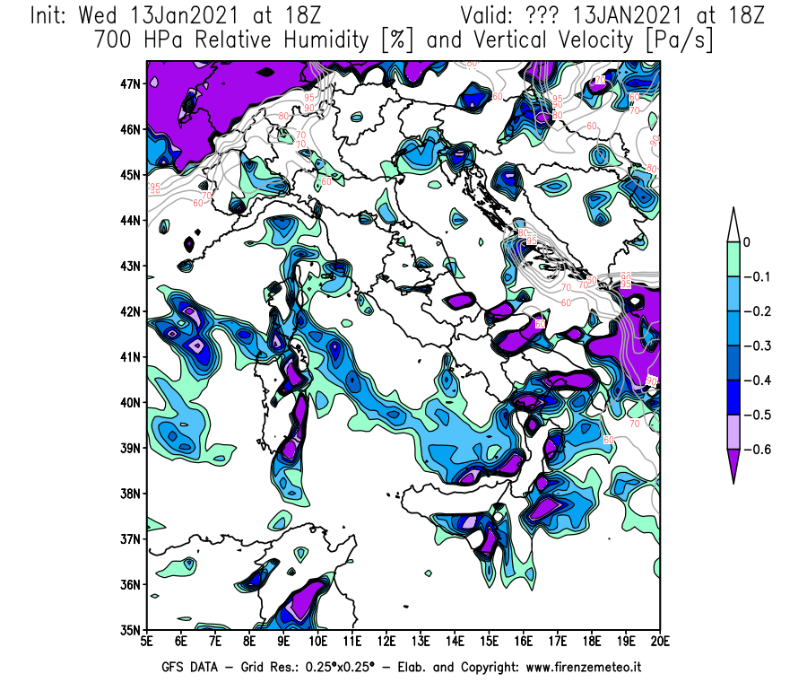 Mappa di analisi GFS - Umidità relativa [%] e Omega [Pa/s] a 700 hPa in Italia
							del 13/01/2021 18 <!--googleoff: index-->UTC<!--googleon: index-->