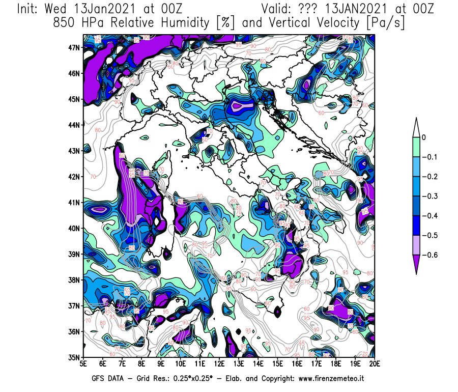 Mappa di analisi GFS - Umidità relativa [%] e Omega [Pa/s] a 850 hPa in Italia
							del 13/01/2021 00 <!--googleoff: index-->UTC<!--googleon: index-->
