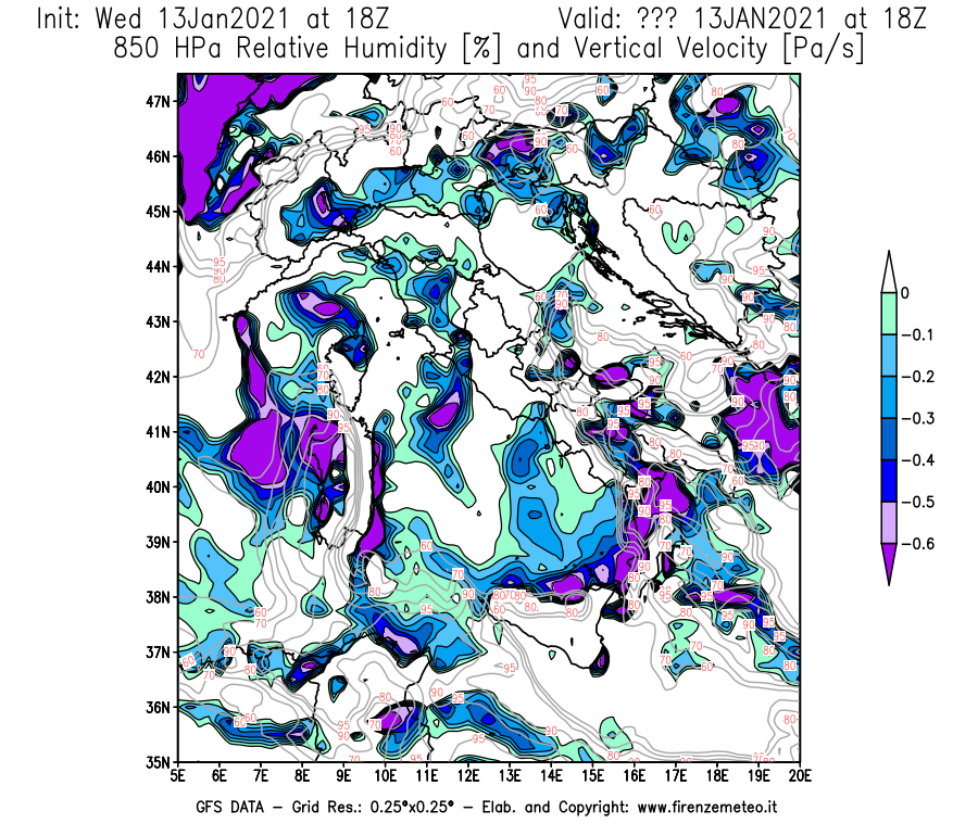 Mappa di analisi GFS - Umidità relativa [%] e Omega [Pa/s] a 850 hPa in Italia
							del 13/01/2021 18 <!--googleoff: index-->UTC<!--googleon: index-->