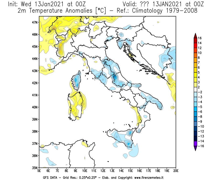 Mappa di analisi GFS - Anomalia Temperatura [°C] a 2 m in Italia
							del 13/01/2021 00 <!--googleoff: index-->UTC<!--googleon: index-->