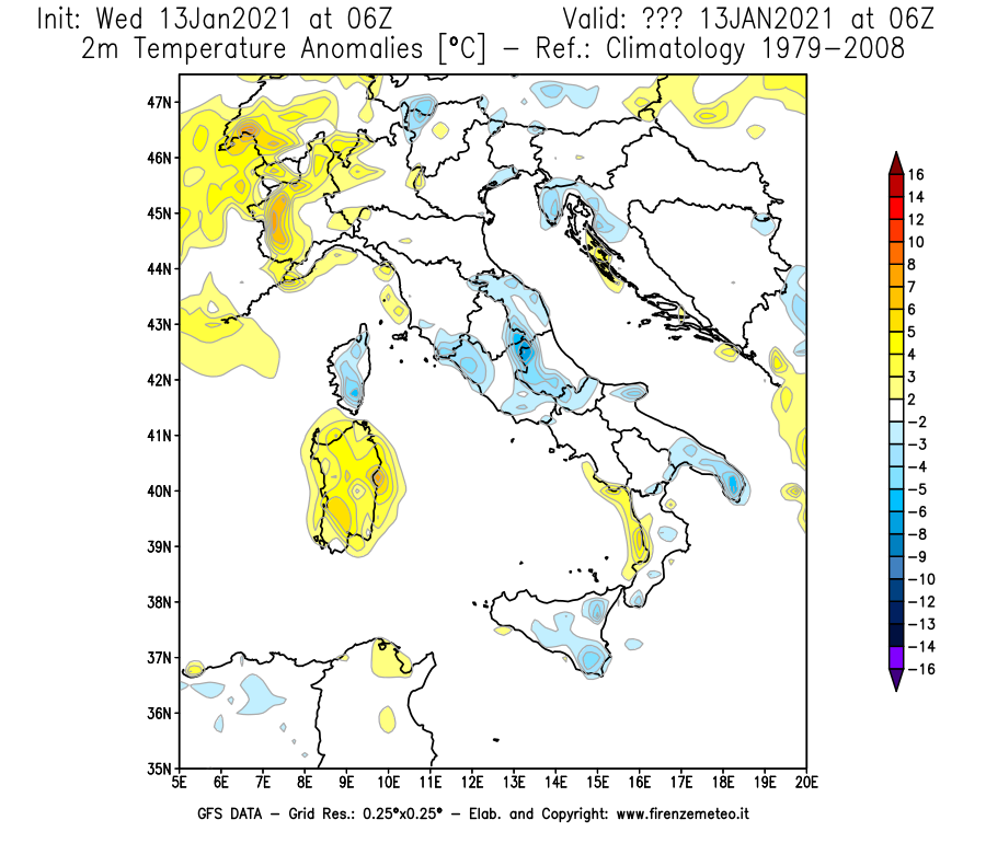 Mappa di analisi GFS - Anomalia Temperatura [°C] a 2 m in Italia
							del 13/01/2021 06 <!--googleoff: index-->UTC<!--googleon: index-->