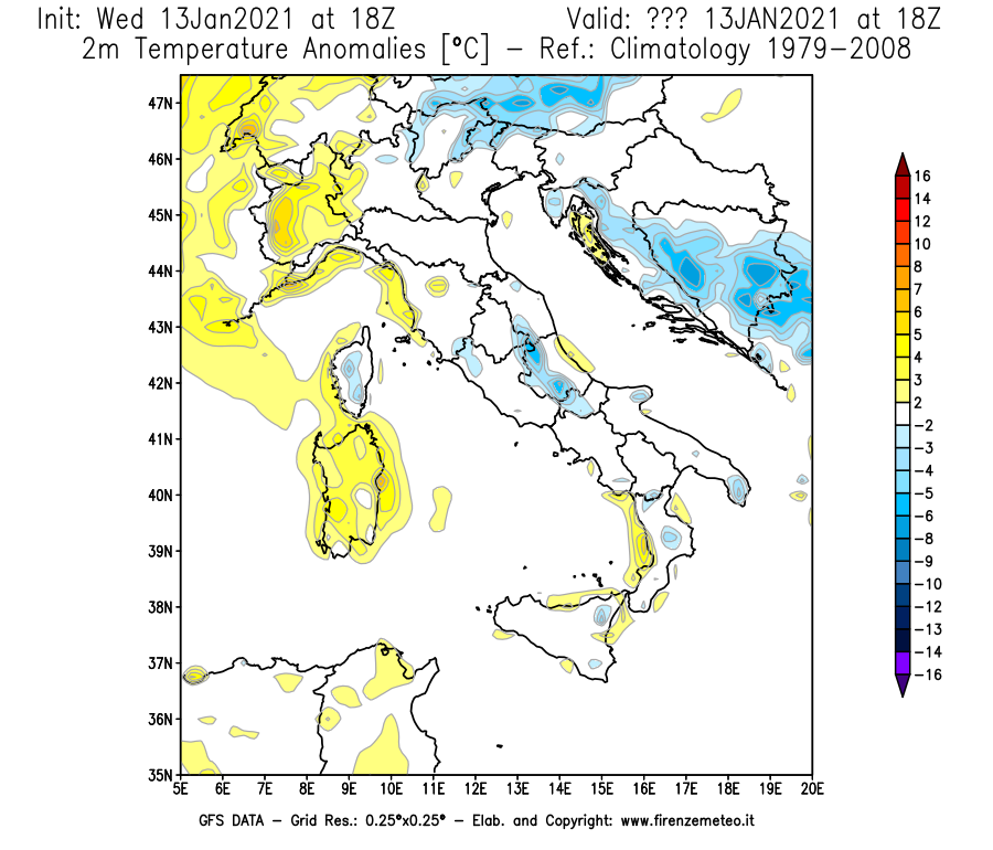 Mappa di analisi GFS - Anomalia Temperatura [°C] a 2 m in Italia
							del 13/01/2021 18 <!--googleoff: index-->UTC<!--googleon: index-->