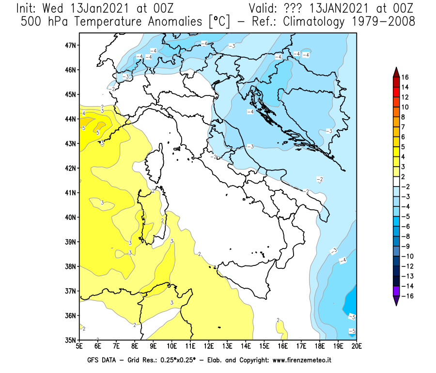 Mappa di analisi GFS - Anomalia Temperatura [°C] a 500 hPa in Italia
							del 13/01/2021 00 <!--googleoff: index-->UTC<!--googleon: index-->