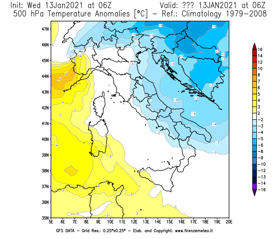 Mappa di analisi GFS - Anomalia Temperatura [°C] a 500 hPa in Italia
							del 13/01/2021 06 <!--googleoff: index-->UTC<!--googleon: index-->