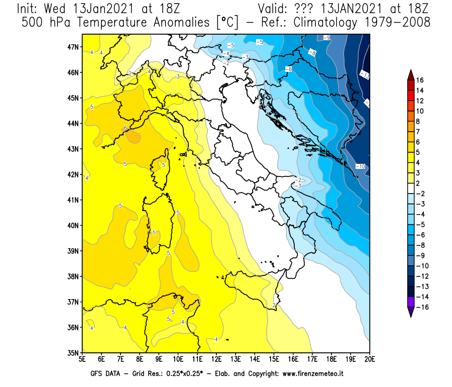 Mappa di analisi GFS - Anomalia Temperatura [°C] a 500 hPa in Italia
							del 13/01/2021 18 <!--googleoff: index-->UTC<!--googleon: index-->