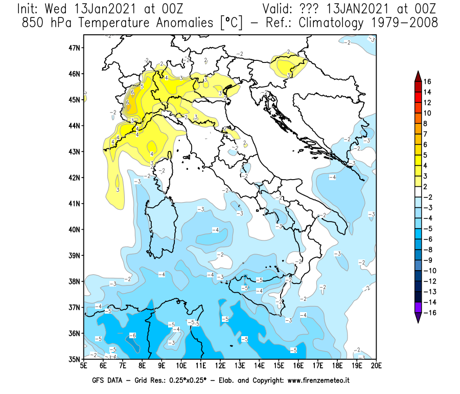 Mappa di analisi GFS - Anomalia Temperatura [°C] a 850 hPa in Italia
							del 13/01/2021 00 <!--googleoff: index-->UTC<!--googleon: index-->
