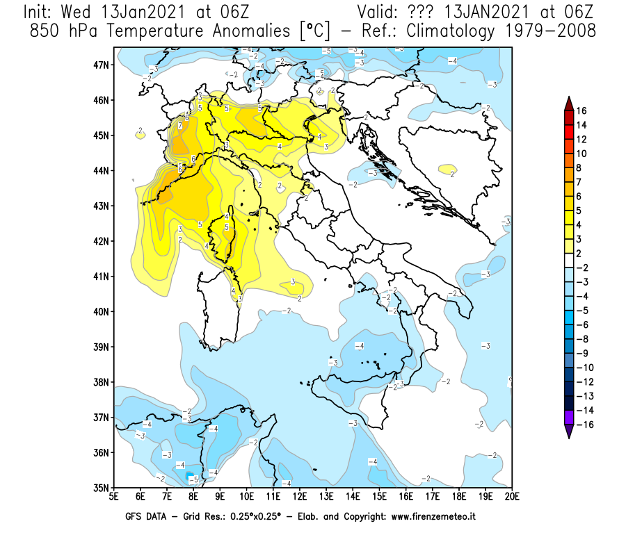 Mappa di analisi GFS - Anomalia Temperatura [°C] a 850 hPa in Italia
							del 13/01/2021 06 <!--googleoff: index-->UTC<!--googleon: index-->