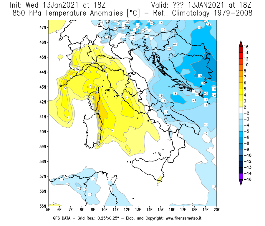 Mappa di analisi GFS - Anomalia Temperatura [°C] a 850 hPa in Italia
							del 13/01/2021 18 <!--googleoff: index-->UTC<!--googleon: index-->