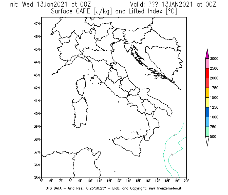 Mappa di analisi GFS - CAPE [J/kg] e Lifted Index [°C] in Italia
							del 13/01/2021 00 <!--googleoff: index-->UTC<!--googleon: index-->