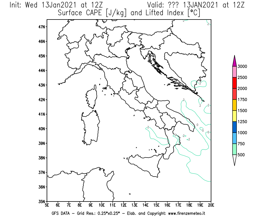 Mappa di analisi GFS - CAPE [J/kg] e Lifted Index [°C] in Italia
							del 13/01/2021 12 <!--googleoff: index-->UTC<!--googleon: index-->