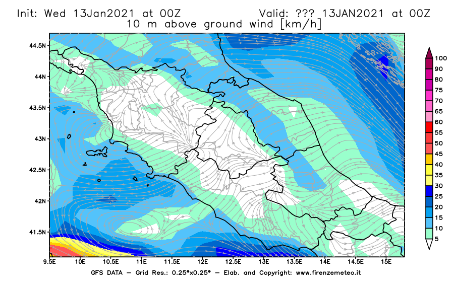Mappa di analisi GFS - Velocità del vento a 10 metri dal suolo [km/h] in Centro-Italia
							del 13/01/2021 00 <!--googleoff: index-->UTC<!--googleon: index-->