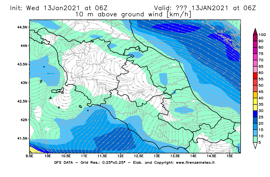 Mappa di analisi GFS - Velocità del vento a 10 metri dal suolo [km/h] in Centro-Italia
							del 13/01/2021 06 <!--googleoff: index-->UTC<!--googleon: index-->