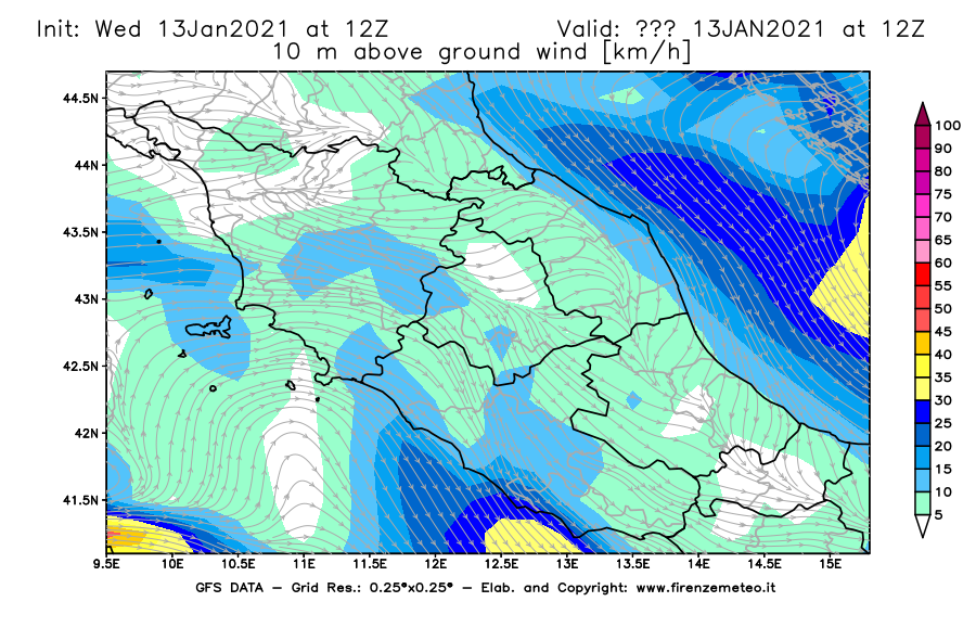 Mappa di analisi GFS - Velocità del vento a 10 metri dal suolo [km/h] in Centro-Italia
							del 13/01/2021 12 <!--googleoff: index-->UTC<!--googleon: index-->