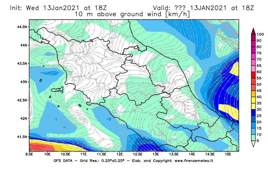 Mappa di analisi GFS - Velocità del vento a 10 metri dal suolo [km/h] in Centro-Italia
							del 13/01/2021 18 <!--googleoff: index-->UTC<!--googleon: index-->
