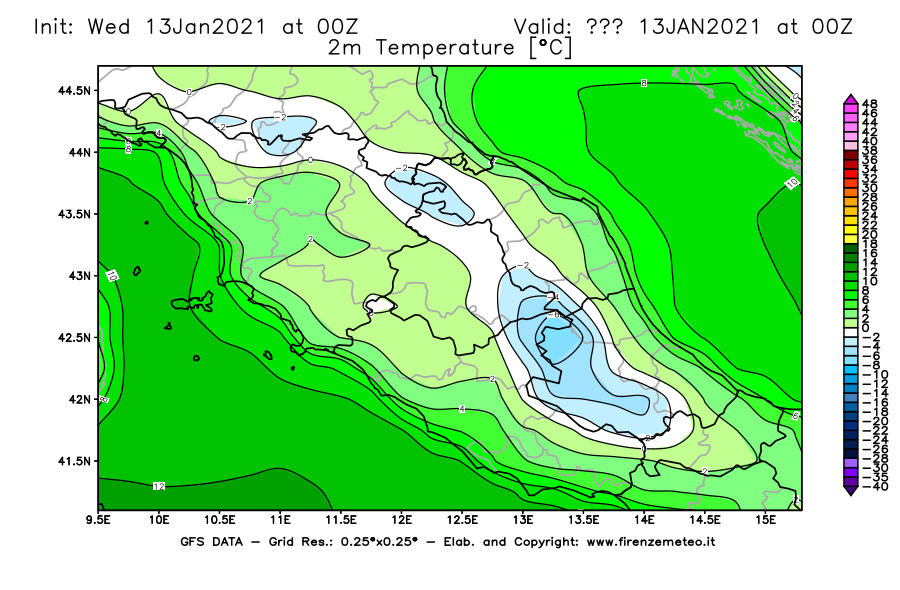 Mappa di analisi GFS - Temperatura a 2 metri dal suolo [°C] in Centro-Italia
							del 13/01/2021 00 <!--googleoff: index-->UTC<!--googleon: index-->