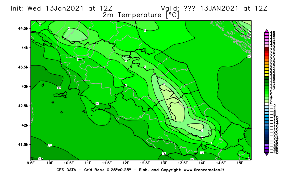 Mappa di analisi GFS - Temperatura a 2 metri dal suolo [°C] in Centro-Italia
							del 13/01/2021 12 <!--googleoff: index-->UTC<!--googleon: index-->