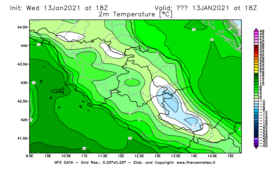 Mappa di analisi GFS - Temperatura a 2 metri dal suolo [°C] in Centro-Italia
							del 13/01/2021 18 <!--googleoff: index-->UTC<!--googleon: index-->