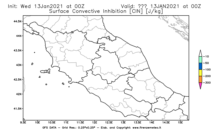 Mappa di analisi GFS - CIN [J/kg] in Centro-Italia
							del 13/01/2021 00 <!--googleoff: index-->UTC<!--googleon: index-->