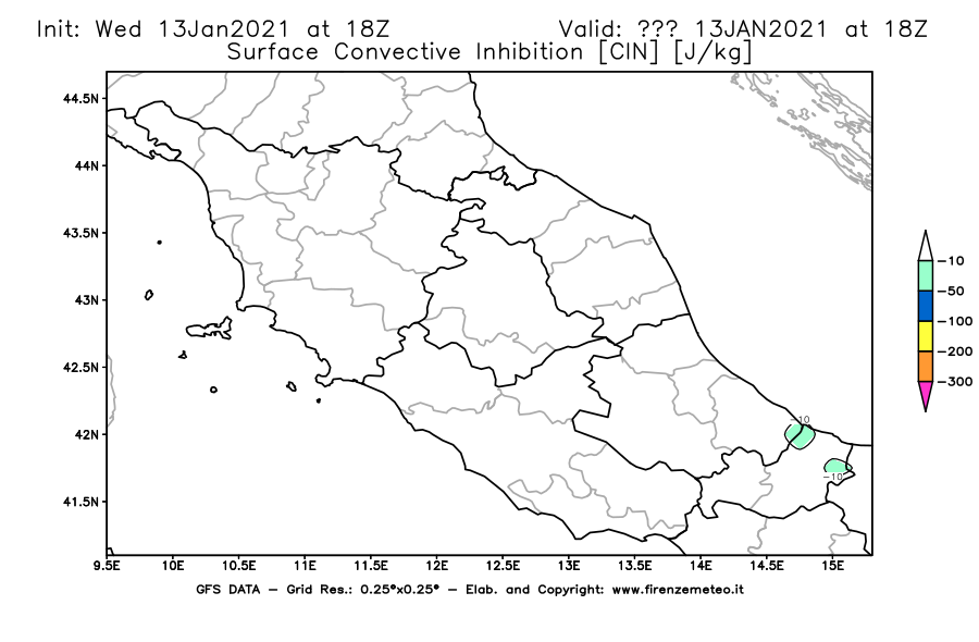 Mappa di analisi GFS - CIN [J/kg] in Centro-Italia
							del 13/01/2021 18 <!--googleoff: index-->UTC<!--googleon: index-->