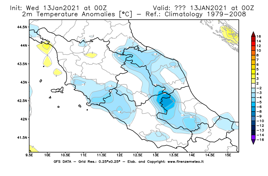 Mappa di analisi GFS - Anomalia Temperatura [°C] a 2 m in Centro-Italia
							del 13/01/2021 00 <!--googleoff: index-->UTC<!--googleon: index-->