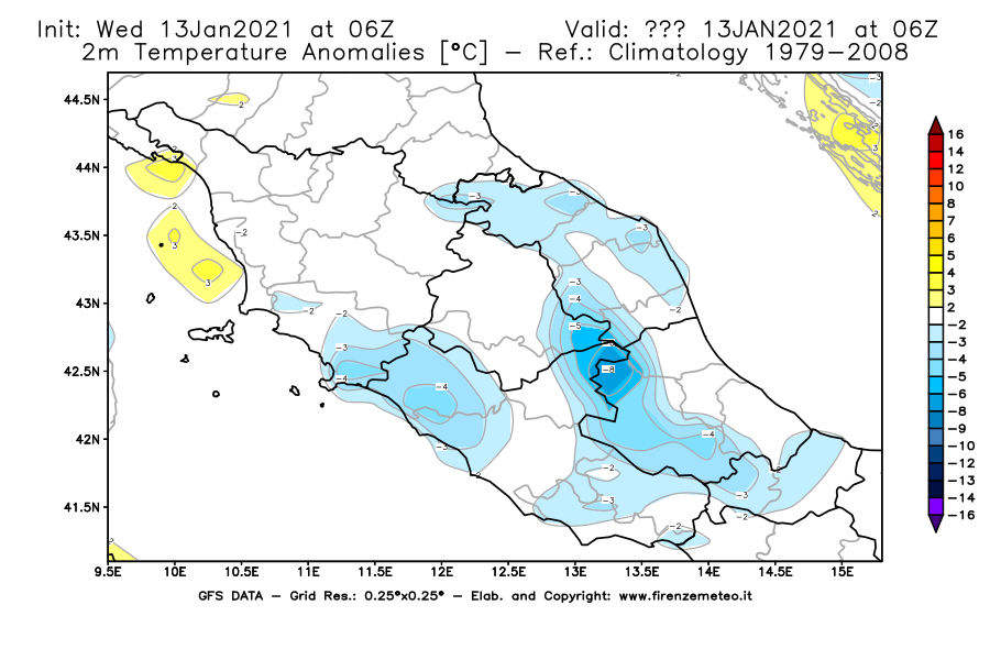 Mappa di analisi GFS - Anomalia Temperatura [°C] a 2 m in Centro-Italia
							del 13/01/2021 06 <!--googleoff: index-->UTC<!--googleon: index-->