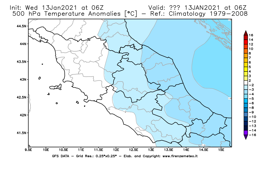 Mappa di analisi GFS - Anomalia Temperatura [°C] a 500 hPa in Centro-Italia
							del 13/01/2021 06 <!--googleoff: index-->UTC<!--googleon: index-->