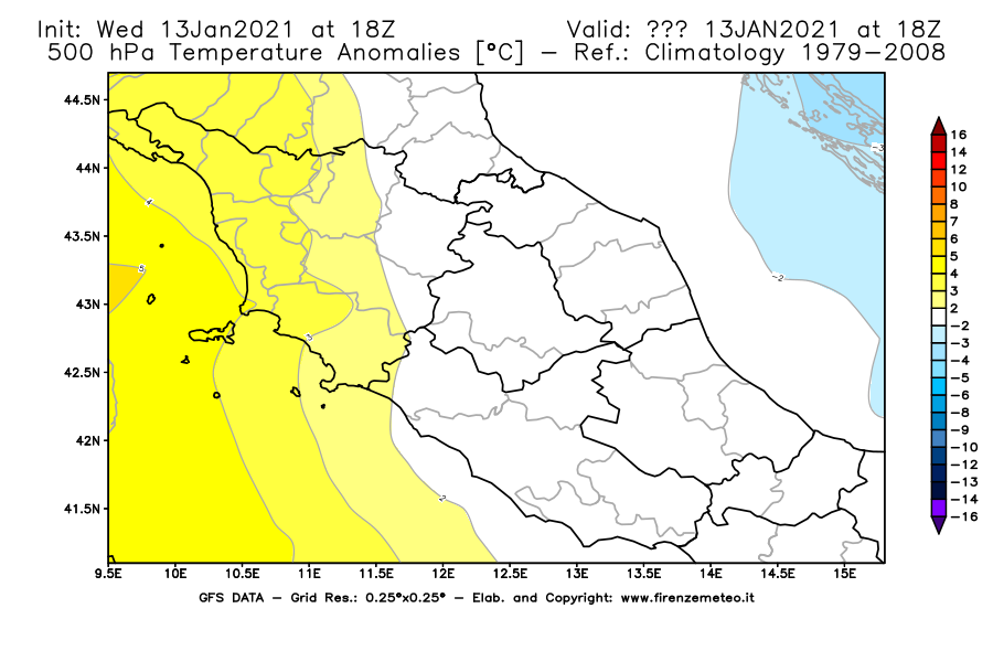 Mappa di analisi GFS - Anomalia Temperatura [°C] a 500 hPa in Centro-Italia
							del 13/01/2021 18 <!--googleoff: index-->UTC<!--googleon: index-->