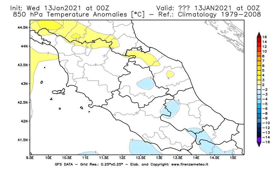 Mappa di analisi GFS - Anomalia Temperatura [°C] a 850 hPa in Centro-Italia
							del 13/01/2021 00 <!--googleoff: index-->UTC<!--googleon: index-->
