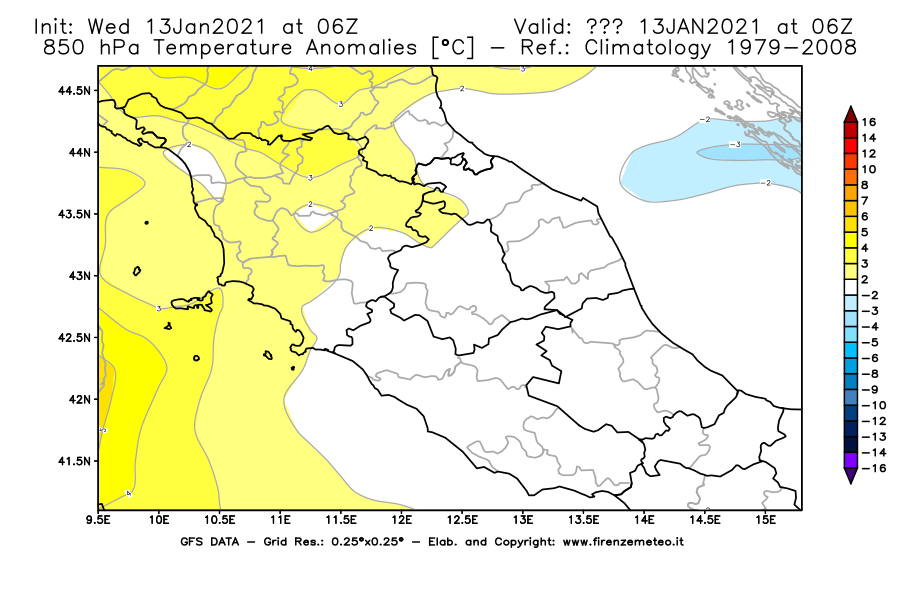 Mappa di analisi GFS - Anomalia Temperatura [°C] a 850 hPa in Centro-Italia
							del 13/01/2021 06 <!--googleoff: index-->UTC<!--googleon: index-->