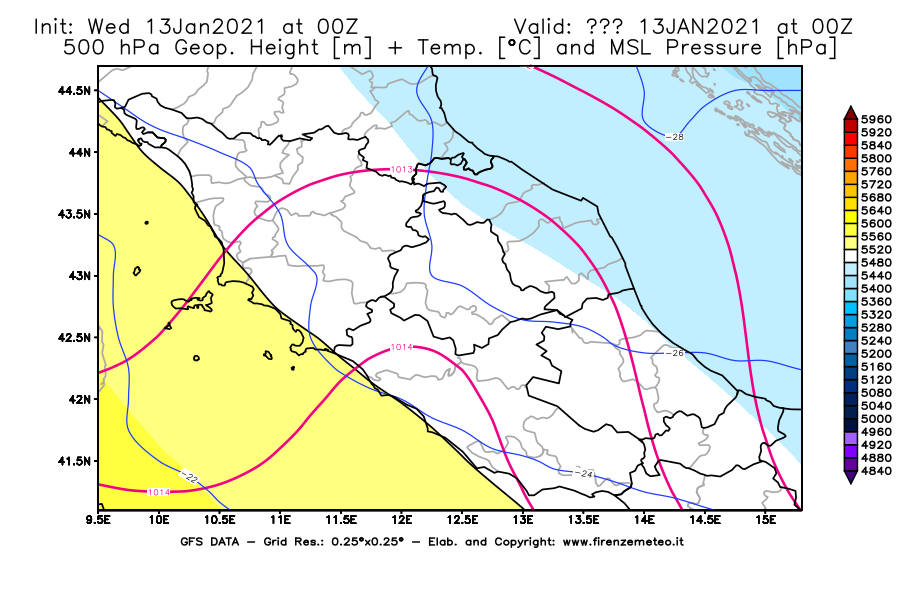 Mappa di analisi GFS - Geopotenziale [m] + Temp. [°C] a 500 hPa + Press. a livello del mare [hPa] in Centro-Italia
							del 13/01/2021 00 <!--googleoff: index-->UTC<!--googleon: index-->