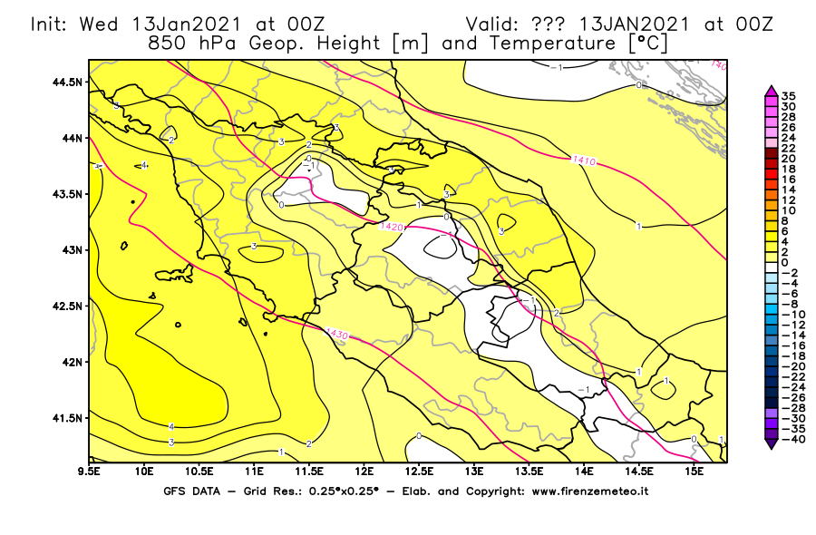 Mappa di analisi GFS - Geopotenziale [m] e Temperatura [°C] a 850 hPa in Centro-Italia
							del 13/01/2021 00 <!--googleoff: index-->UTC<!--googleon: index-->