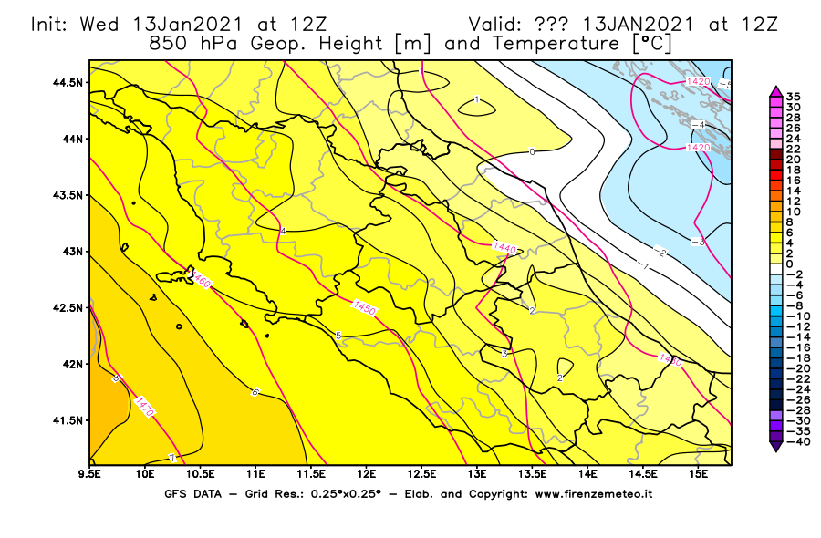 Mappa di analisi GFS - Geopotenziale [m] e Temperatura [°C] a 850 hPa in Centro-Italia
							del 13/01/2021 12 <!--googleoff: index-->UTC<!--googleon: index-->