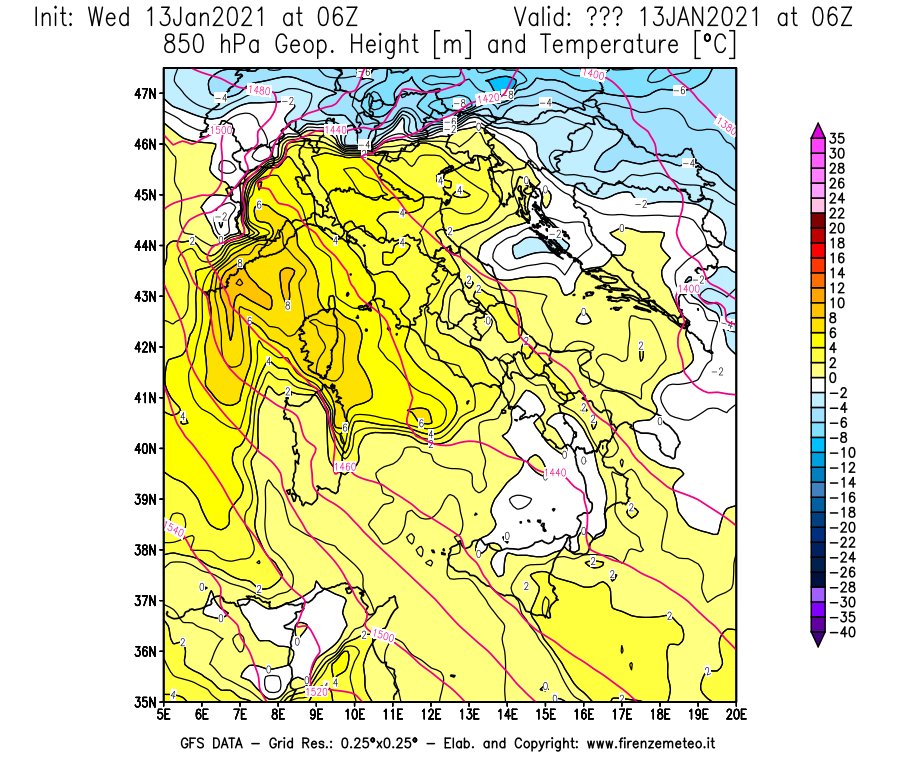 Mappa di analisi GFS - Geopotenziale [m] e Temperatura [°C] a 850 hPa in Italia
							del 13/01/2021 06 <!--googleoff: index-->UTC<!--googleon: index-->