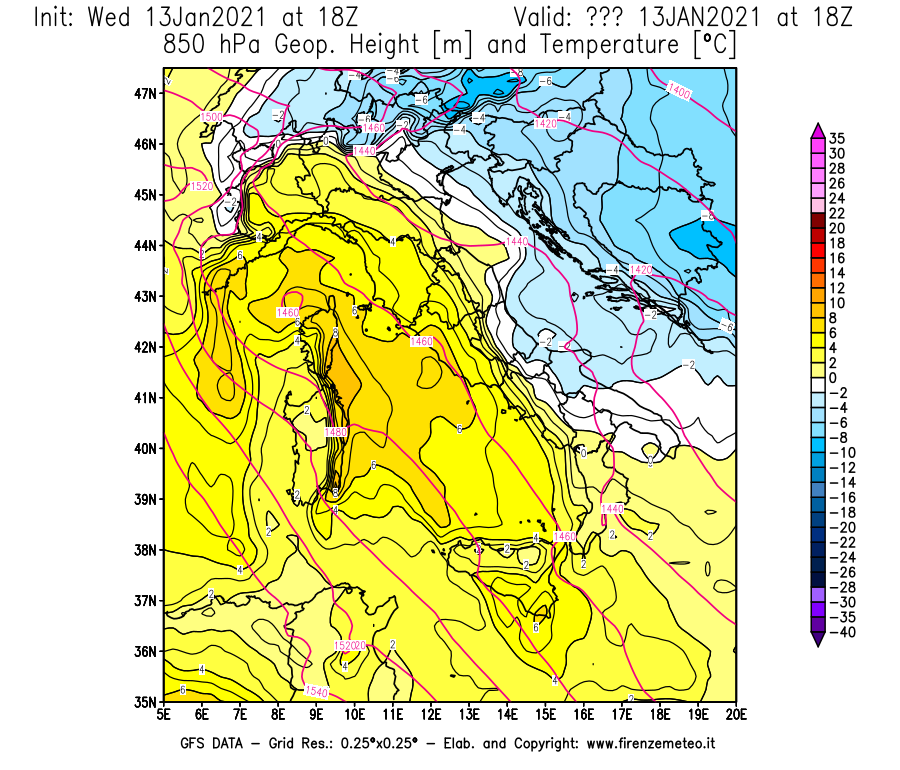 Mappa di analisi GFS - Geopotenziale [m] e Temperatura [°C] a 850 hPa in Italia
							del 13/01/2021 18 <!--googleoff: index-->UTC<!--googleon: index-->