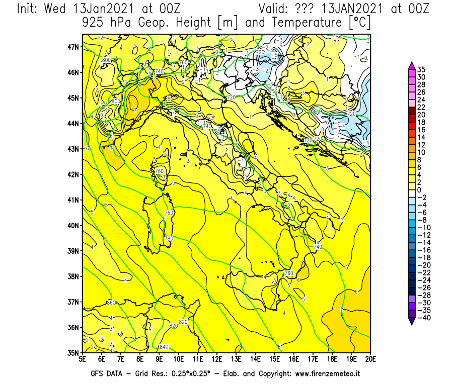 Mappa di analisi GFS - Geopotenziale [m] e Temperatura [°C] a 925 hPa in Italia
							del 13/01/2021 00 <!--googleoff: index-->UTC<!--googleon: index-->