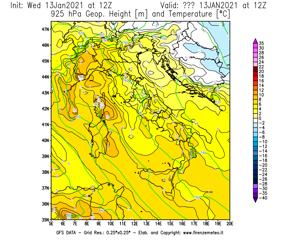 Mappa di analisi GFS - Geopotenziale [m] e Temperatura [°C] a 925 hPa in Italia
							del 13/01/2021 12 <!--googleoff: index-->UTC<!--googleon: index-->