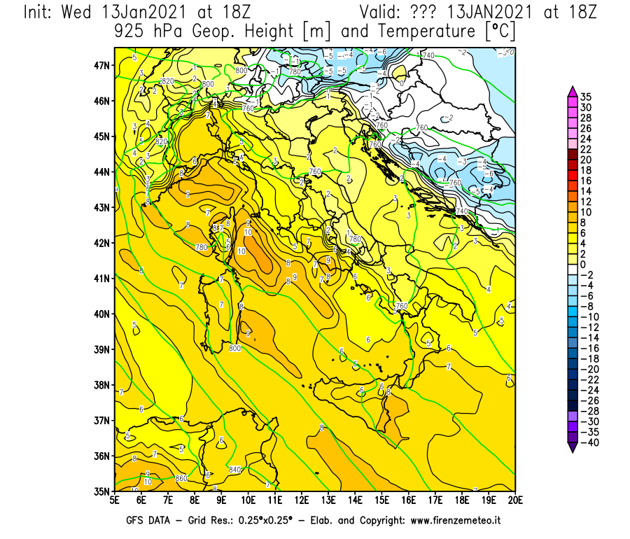 Mappa di analisi GFS - Geopotenziale [m] e Temperatura [°C] a 925 hPa in Italia
							del 13/01/2021 18 <!--googleoff: index-->UTC<!--googleon: index-->