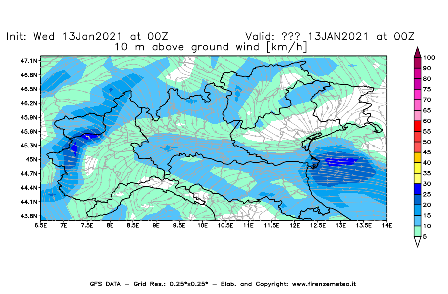 Mappa di analisi GFS - Velocità del vento a 10 metri dal suolo [km/h] in Nord-Italia
							del 13/01/2021 00 <!--googleoff: index-->UTC<!--googleon: index-->