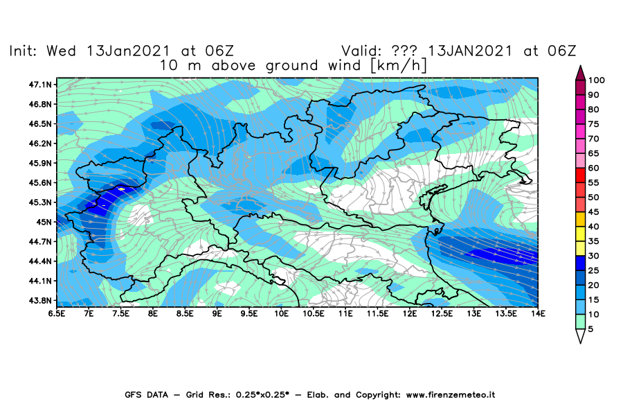 Mappa di analisi GFS - Velocità del vento a 10 metri dal suolo [km/h] in Nord-Italia
							del 13/01/2021 06 <!--googleoff: index-->UTC<!--googleon: index-->