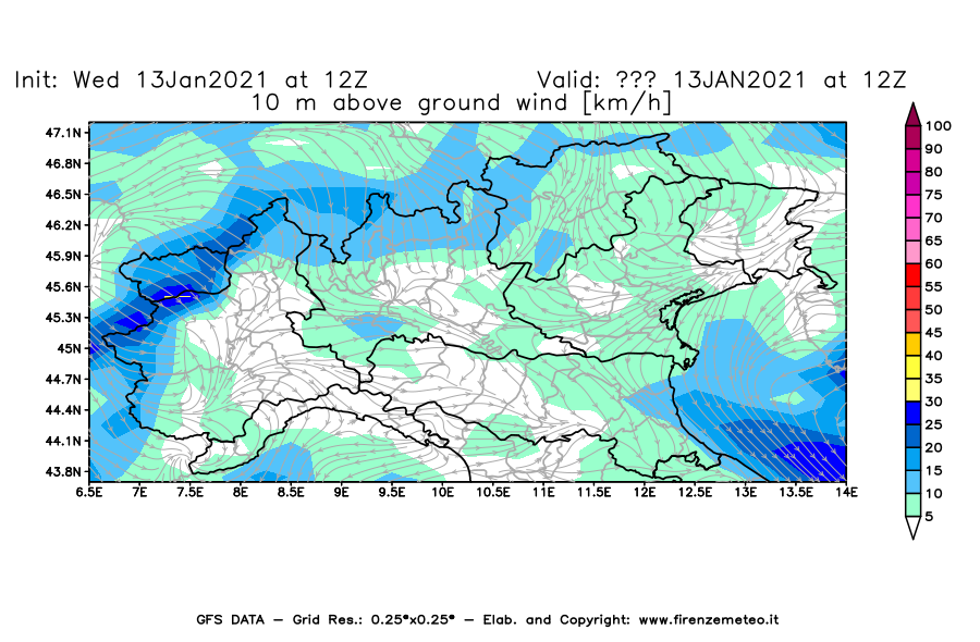 Mappa di analisi GFS - Velocità del vento a 10 metri dal suolo [km/h] in Nord-Italia
							del 13/01/2021 12 <!--googleoff: index-->UTC<!--googleon: index-->