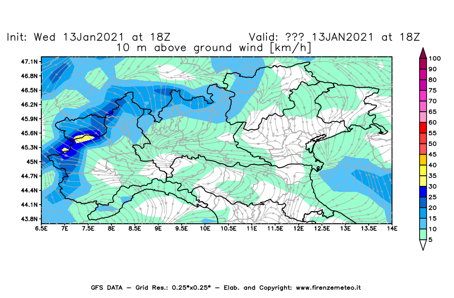 Mappa di analisi GFS - Velocità del vento a 10 metri dal suolo [km/h] in Nord-Italia
							del 13/01/2021 18 <!--googleoff: index-->UTC<!--googleon: index-->