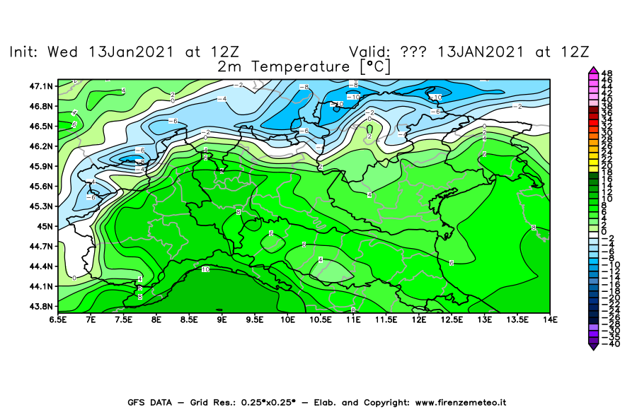 Mappa di analisi GFS - Temperatura a 2 metri dal suolo [°C] in Nord-Italia
							del 13/01/2021 12 <!--googleoff: index-->UTC<!--googleon: index-->