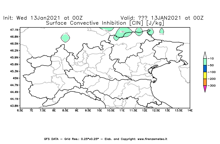 Mappa di analisi GFS - CIN [J/kg] in Nord-Italia
							del 13/01/2021 00 <!--googleoff: index-->UTC<!--googleon: index-->
