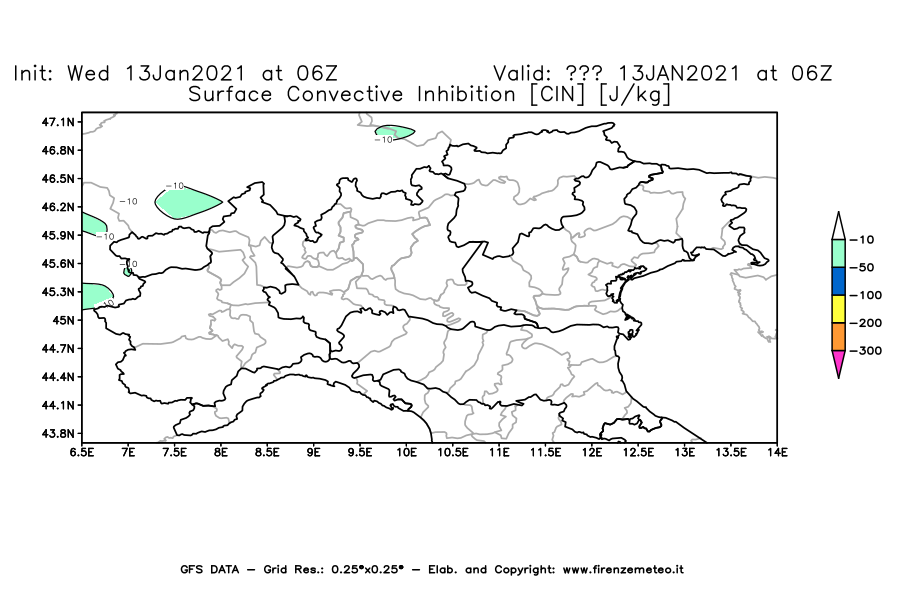 Mappa di analisi GFS - CIN [J/kg] in Nord-Italia
							del 13/01/2021 06 <!--googleoff: index-->UTC<!--googleon: index-->